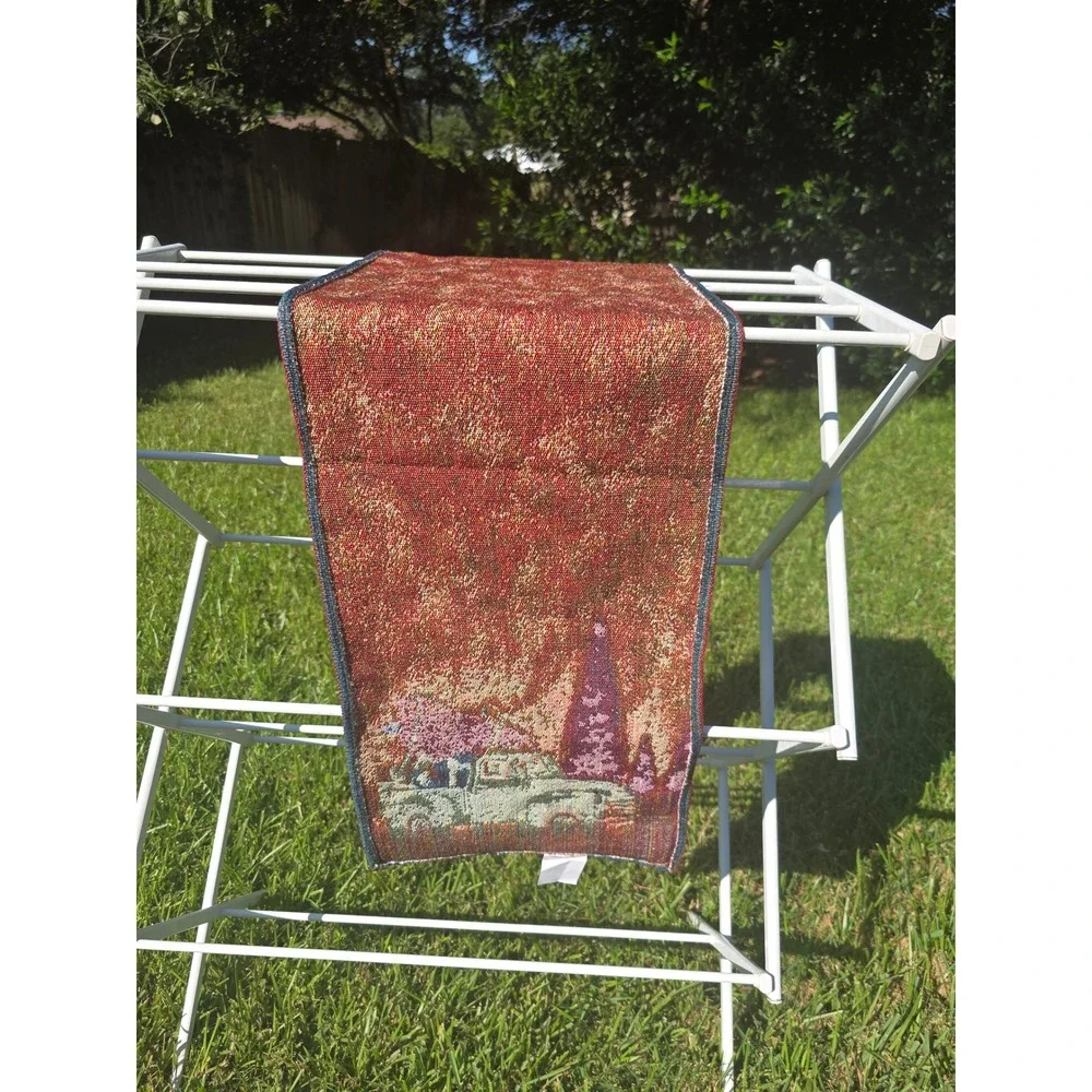 Christmas Red Truck Woven Tapestry Table Runner Teal Snow Scene Holiday Decor